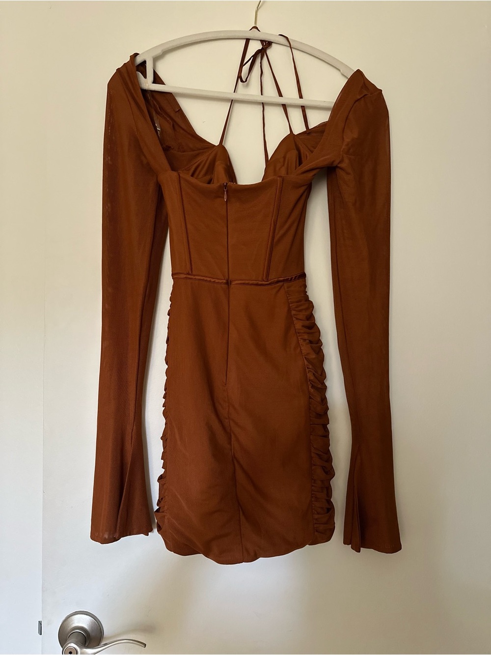 Oh Polly Rust Brown Ruched Long Sleeve Mini Dress